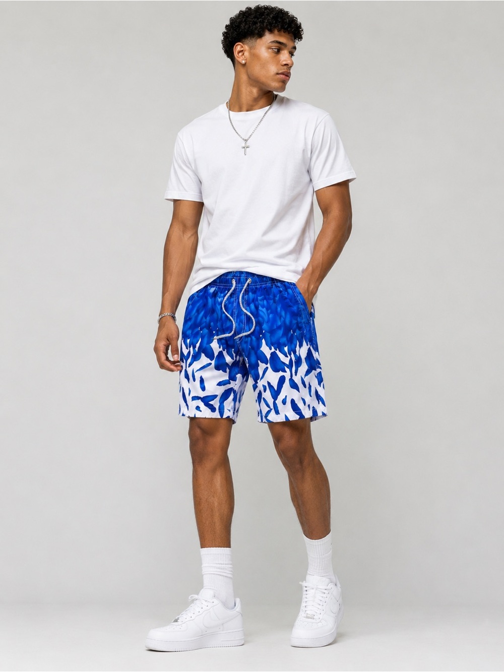 Glitz Blue and White Patterned Swim Trunks